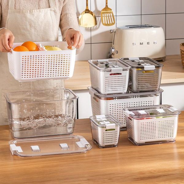 

double drain basket storage containers preservation box jar kitchen boxes with lid organizer fridge home bottles & jars