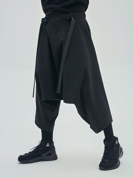 

men's pants men trousers upper ankle length adjustable waist japanese style ninjawear techwear futuristic, Black