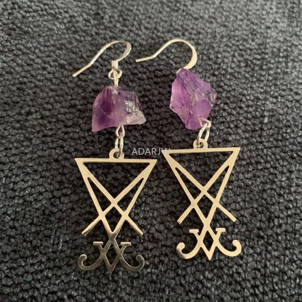 

dangle & chandelier natural purple crystal raw stone lucifer sigil symbol earring healing teardrop witch creative gothic jewellery women gif, Silver