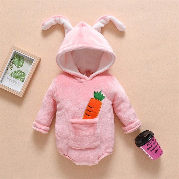 Bebê Quente Roupas de Veludo Coral Bebê Romper Criança Criança Menina Menino Dos Desenhos Animados Rabbit Orelha Longa Manga Com Capuz Jumpsuit Romper Roupas 1650 B3