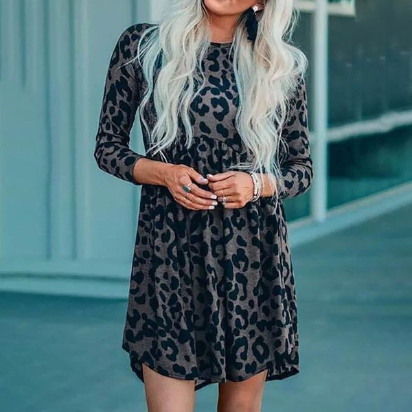 

ethnic clothing women's dresses o-neck mini dress leopard print fashion casual waist long sleeve women 2021 jurk sukienka, Red