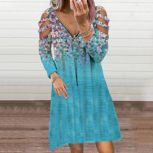 

casual dresses women fashion hollow-out off shoulder long sleeve pullover dress autumn florals printed v-neck zipper t-shirt, Black;gray