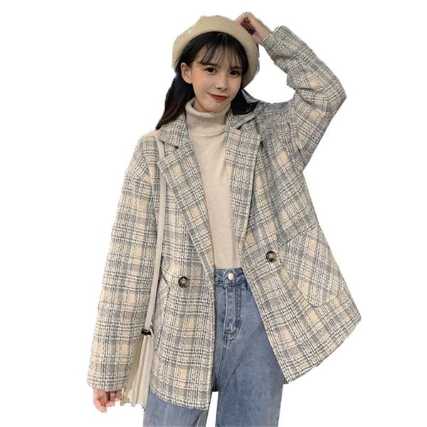 

women's wool & blends blended woolen coat women lattice jacket 2021 spring autumn suit collar single-breasted check jackets outerwear k, Black