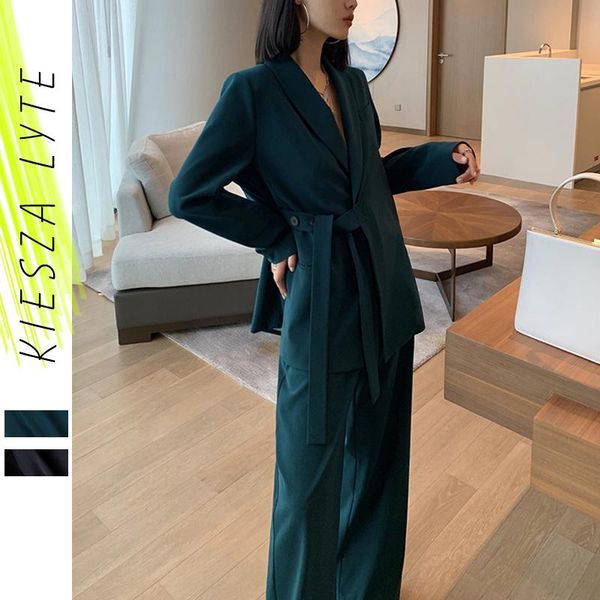 

casual women 2 pieces sets fashion solid belted chic office ladies jackets pant suits 2021 autumn loose blazer women's & blazers, White;black