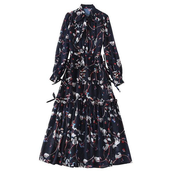 

casual dresses animals print black long dress women's clothing big size fall sash bow collar sleeved elegant ladies, Black;gray