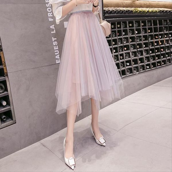 

tingyili pink black mesh summer women skirt asymmetrical tulle long
