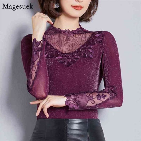 

hollow mesh ladies autumn winter fashion long sleeve women shirt floral pullover elegant blouses blusas 6915 50 210512, White