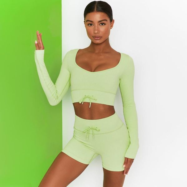 

yoga outfit seamless women set workout outfits 2 piece ribbed long sleeve crop shirt high waist leggins shorts matching sets
