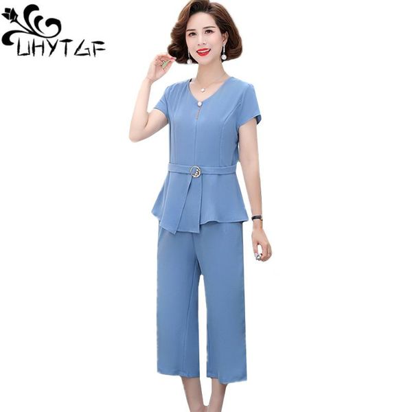 

women's two piece pants uhytgf casual summer suit 2021 v-neck pullover t-shirt mother tracksuit short sleeve slim plus size two-piece, White