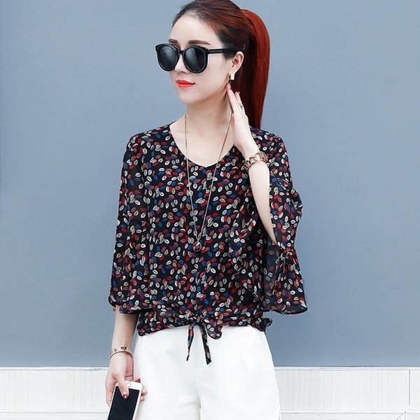 

women summer style flower printed chiffon blouses shirts girls half flare sleeve floral bow tie decor v-neck blusas df2720 210609, White