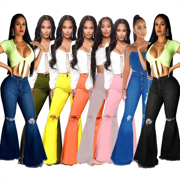 

fashion wide leg pants women jean over the knee ripped flared womens high waist slim fit trousers loose tights, Blue