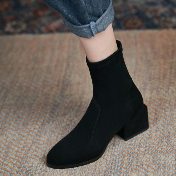 

boots suede ankle for women autumn winter ladies square toe low heel fashion dress office lady plus size 34-43, Black