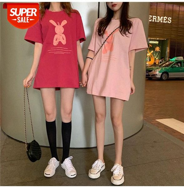 

half-sleeved t-shirt women's new korean fashion print bottoming shirt mid-length loose plus size trend #sd9s, White