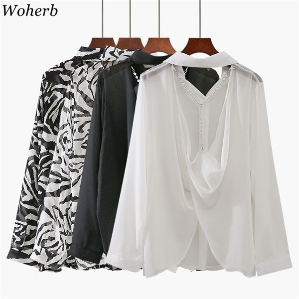

white women shirts sun protection chic hollow out backless blouses chain pearls lady chiffon blusas mujer 210519