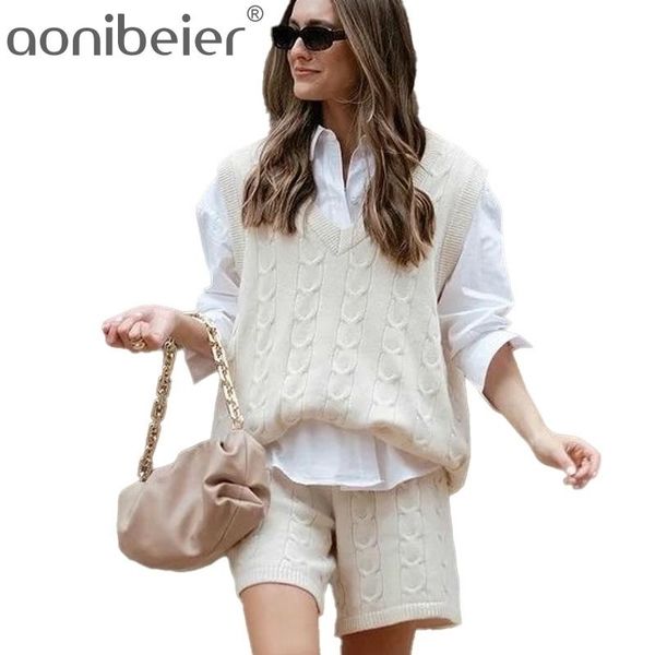 

autumn winter sweater sleeveless v-neck twist knit vest female loose shorts suit plus size clothing 210604, White