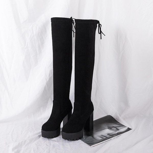 

boots women's thigh-high over the knee high heels winter elastic, Black