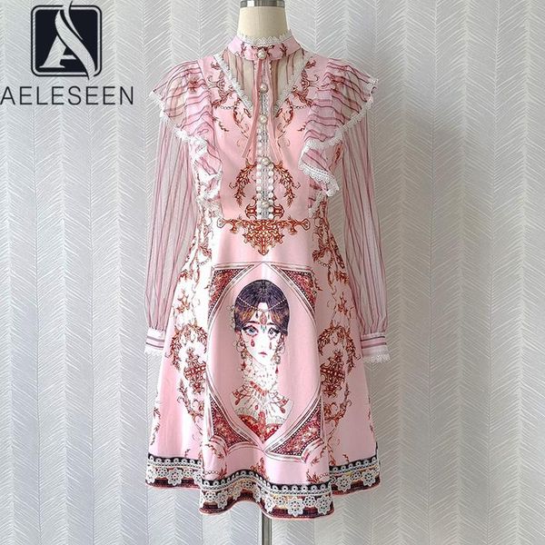 

casual dresses aeleseen runway fashion women summer pink dress 2021 full-lenght sleeve stand collar flower print ruffles elegant party, Black;gray