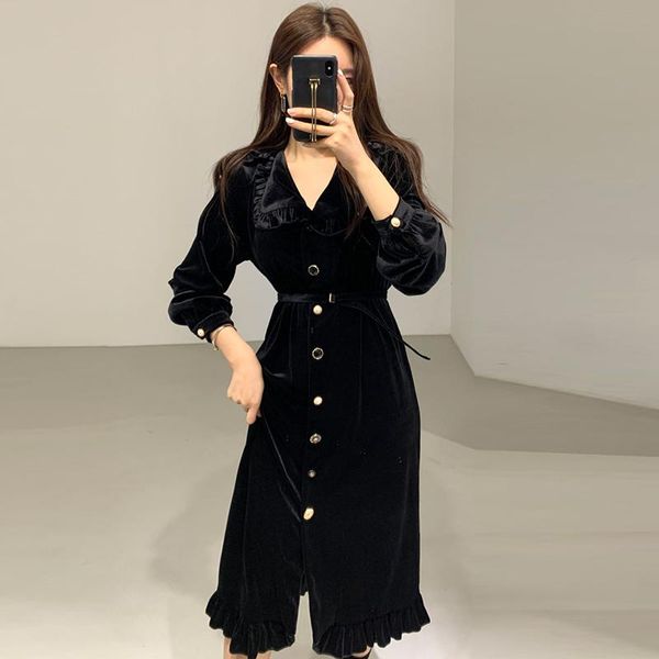 

casual dresses autumn winter elegant women velvet dress korean v neck long sleeve single breasted black sashes slim vestidos femme, Black;gray