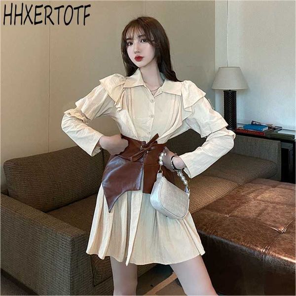 

autumn fashion women casual sashes a line party dress ladies button turn down collar ol style shirt 210531, Black;gray