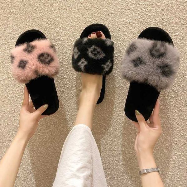 

leopard fur slippers for women to wear in autumn, Black