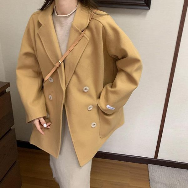 

women's wool & blends 2021 fashion solid color women coat all-match blend autumn casual chic long sleeve female overcoat black khaki
