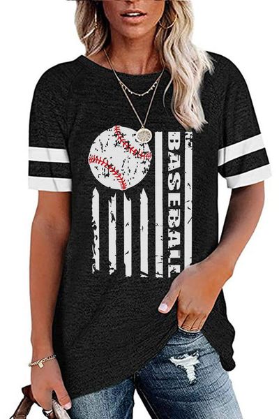

women's t-shirt 2021 striped round neck baseball print short sleeve top, White