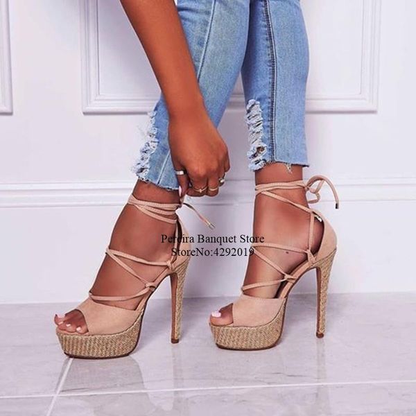 

nude suede lace up platform sandals cross strap peep toe high heeled dress shoes cut-out party wedding drop ship, Black