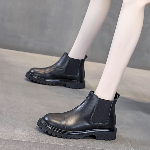 

large short 41-43 single boot leather martin women's british chimney low tube thick soled chelsea boots, Black