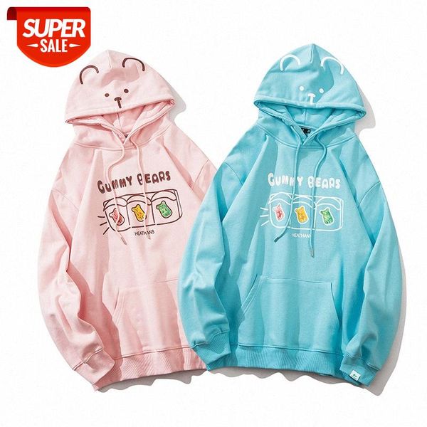 

casual fashion men's hip-hop street loose sweater bear print hoodie pullover long sleeve men #ne2n, Black