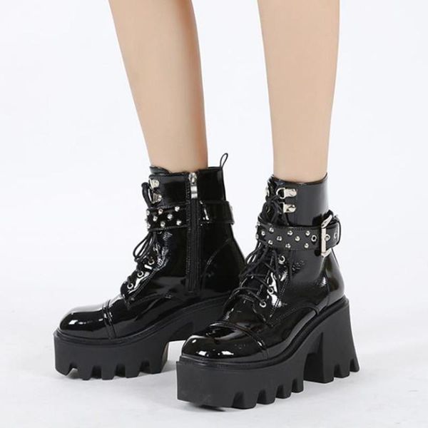 

boots cosmagic black patent leather platform women's british style winter 2021 casual high heel shoes short botas