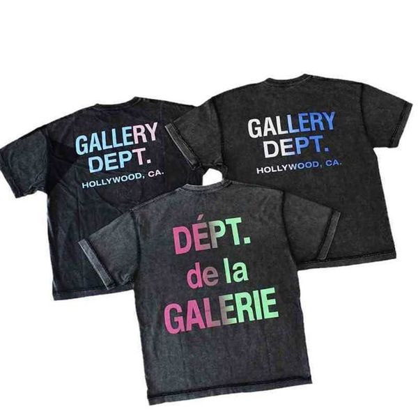 

galery dept gd wash gradient letter print fashion high street loose casual short sleeve t-shirt, White;black