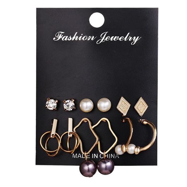 

charms earrings f1794 hanzhishang creative exaggeration geometry irregular metal artificial pearl pendant earring set 6 pairs, Golden