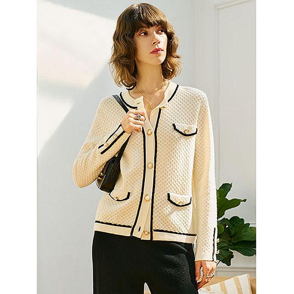 

women's knits & tees cardigan women open stitch 100% cashmere england design long sleeves pockets 2 colors casual style fashion, White