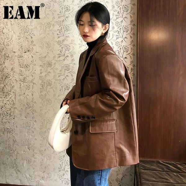 

women's suits & blazers [eam] brown vintage leather big size women blazer lapel long sleeve loose jacket fashion tide spring autumn 202, White;black