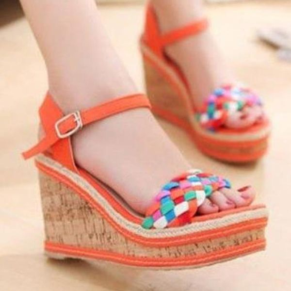 

sandals ladies rainbow wedges woven women's summer shoes female vogue casual ankle strap buckle platform style shoe, Black