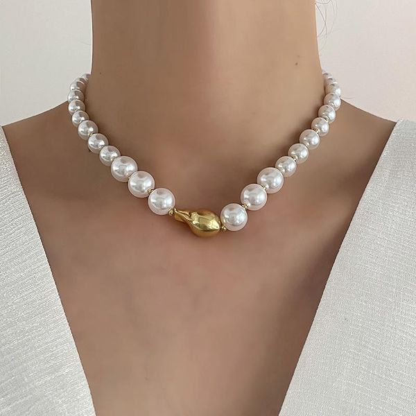 

chains gsold retro exaggerated imitation pearl clip metal round bead necklace simple temperament clavicle chain women fashion jewelry, Silver