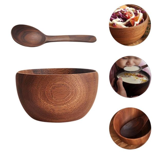 

bowls 2pcs wooden serving bowl fruit salad home storage snack wood spoon