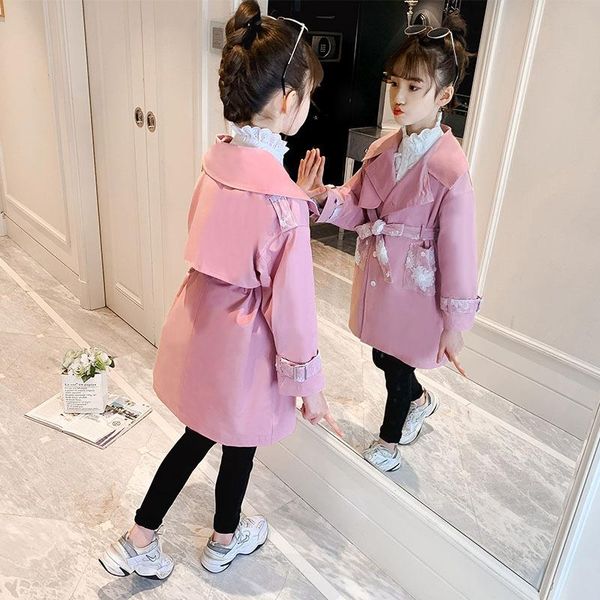 

jackets spring autumn long sleeve hooded jacket for girls 2021 fashion windbreaker teenage kids clothes with belt 4 6 8 10 12 13 y, Blue;gray