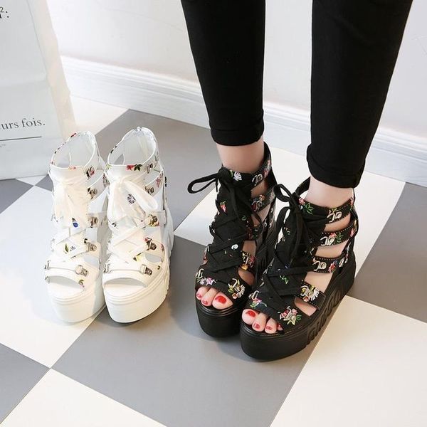 

spring women sandals high heel casual ethnic flower floral open toe wedges platform height increasing chunky ladies shoes, Black
