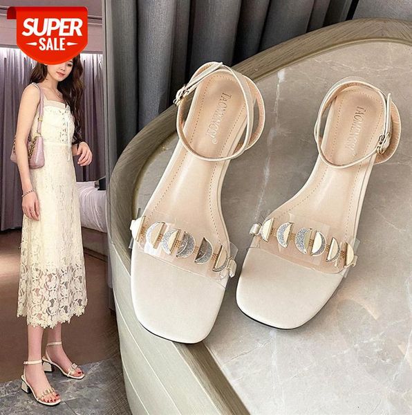 

small fragrant wind square toe sandals women's outer thick-heeled single shoes sequined transparent belt large size #tc1v, Black