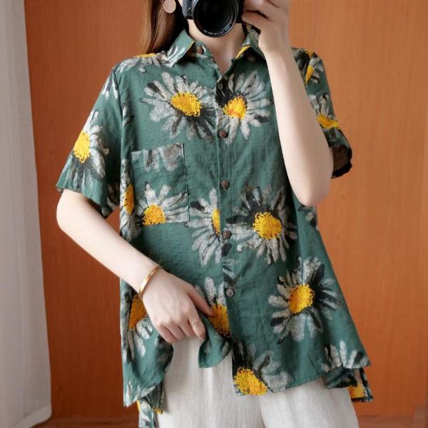 

johnature simple retro print turn-down collar short sleeve single breasted shirt summer comfortable all-match women 210521, White