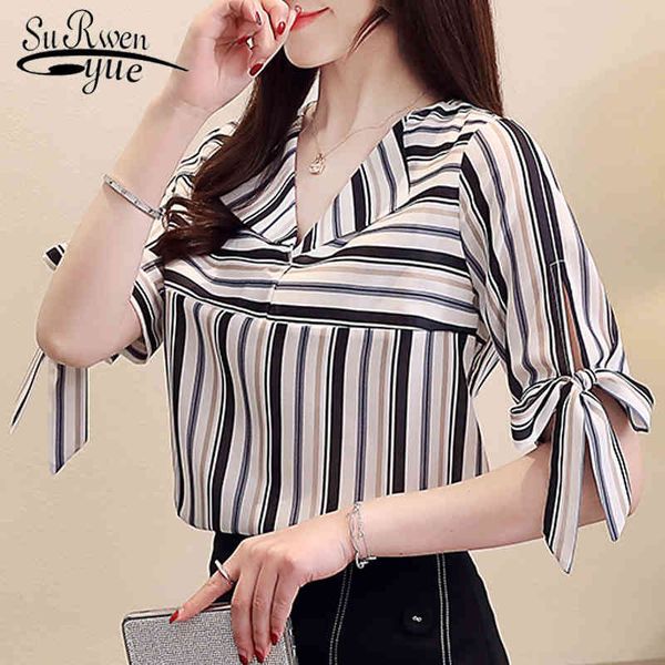 

women's tunic summer short sleeve v-neck striped chiffon blouse loose korean-style slim fit shirt 8857 50 210427, White