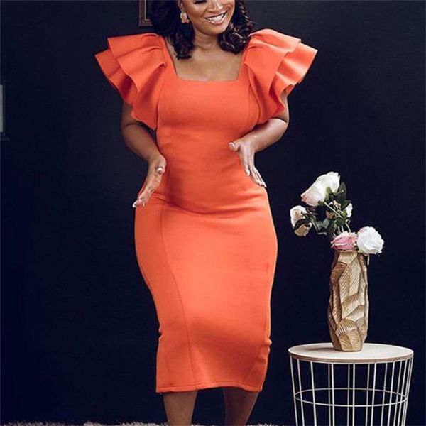 

casual dresses elegant for women square neck bodycon mid calf ruffles orange evening night party dinner vestidos mujer midid ol, Black;gray