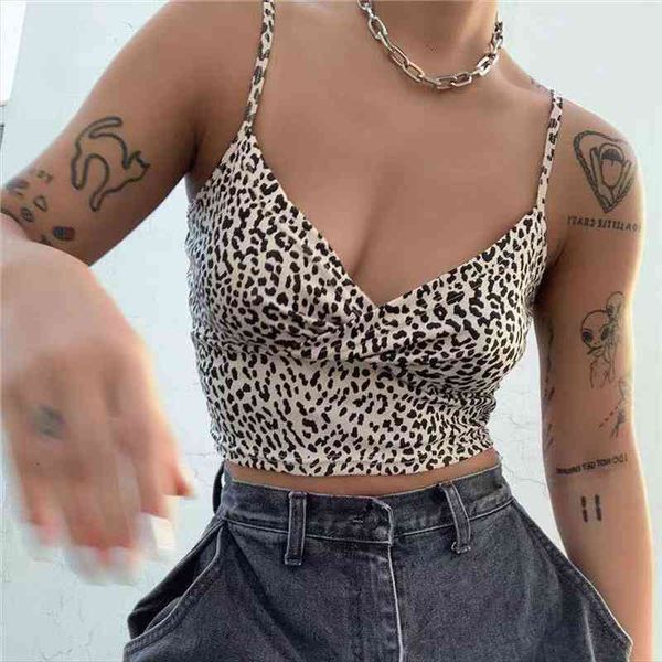 

leopard print womens v neck camisole spaghetti strap crop cami, White