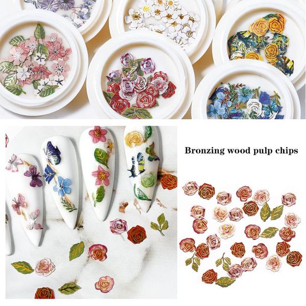 

nail art decorations 6 boxes of wood pulp pieces 3d bronzing color daisy flower butterfly diy decoration accessorie sequin tool, Silver;gold