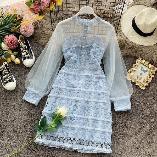 

casual dresses vintage lace patchwork women autumn lantern sleeved elegant mini party clothing quality, Black;gray