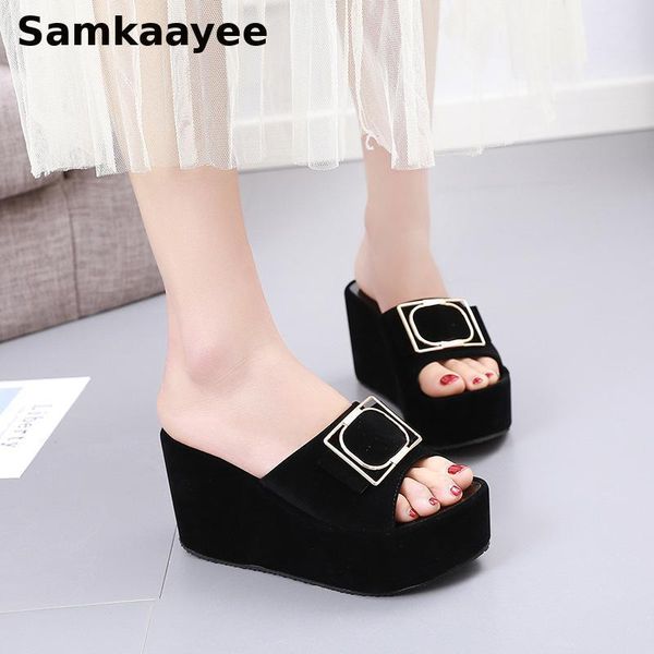 

size 35-40 womens slippers summer female platform wedges shoes mujer 9cm high heels beach slides buckle pump solid zapatillas 32, Black