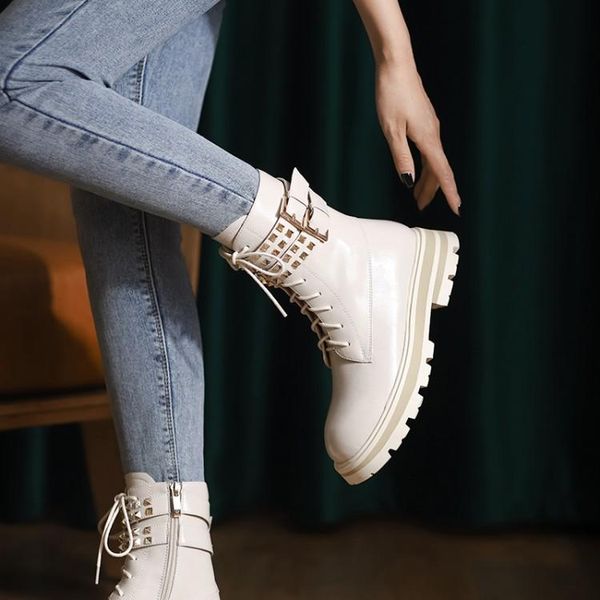 

boots 2022 winter rock punk studded rivets natural genuine leather shoes women black beige metal buckle woman