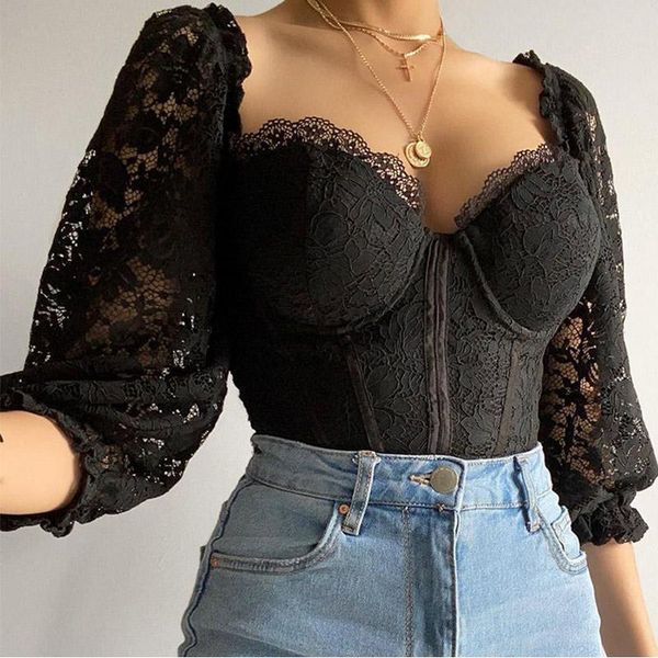 

women's blouses & shirts 2021 summer streetwear fashion short lace lantern half shell blouse thin v-cut, White