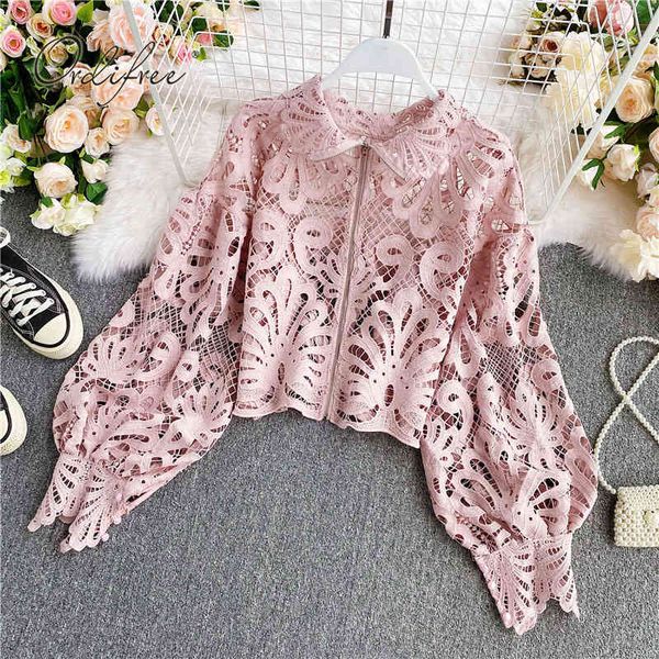 

summer elegant women lace blouse shirt hollow out crochet chic long sleeve zipper blouses 210415, White